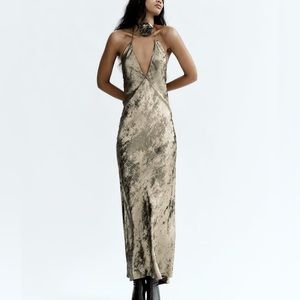 *NWT* Zara gold floral foil long halter dress 9306/158, sz Medium